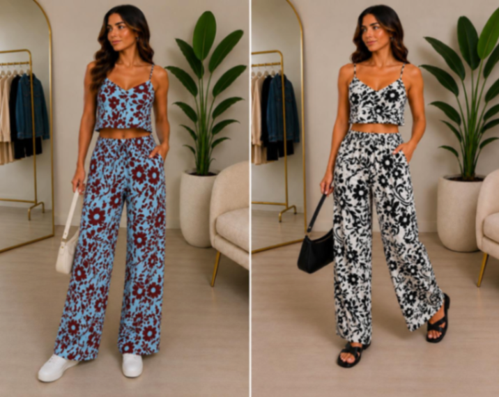CONJUNTO PANTALON LARGO BLUSA SPAGUETTI STRAP DISENO DE FLORES IVORY/NEGRO AZUL/MARRON