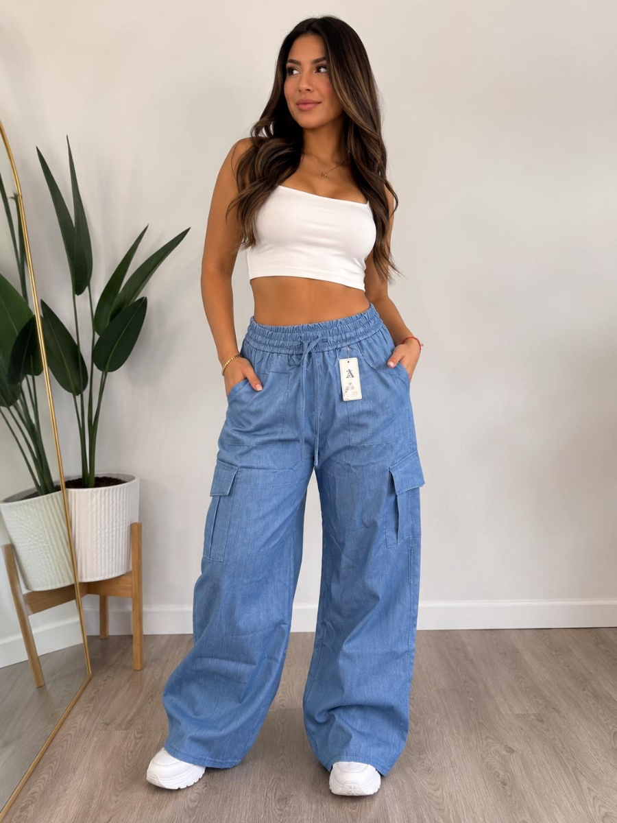 PANTALON COLOR MAHON TELA SUAVE DENIM/LIGHT DENIM/DARK DENM CARGO BOLSILLO