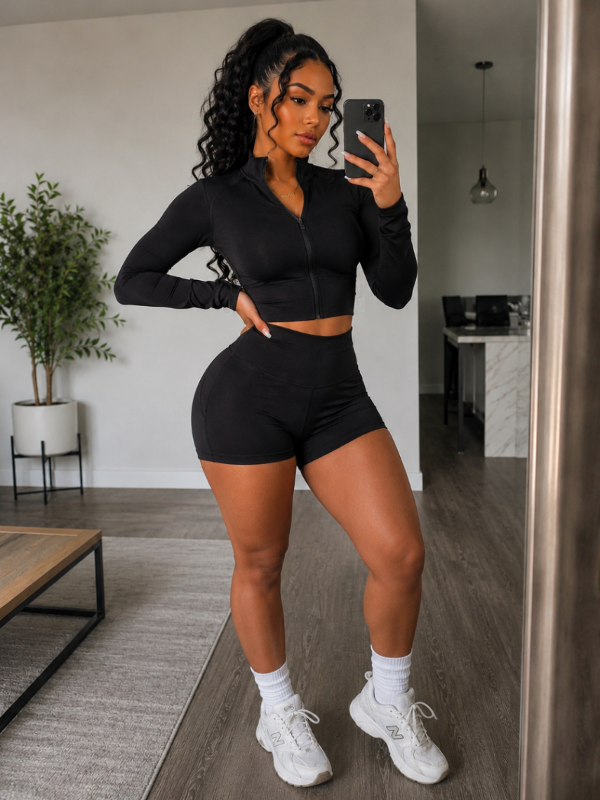 SET YOGA FABRIC L/S BLK SHORT PANT