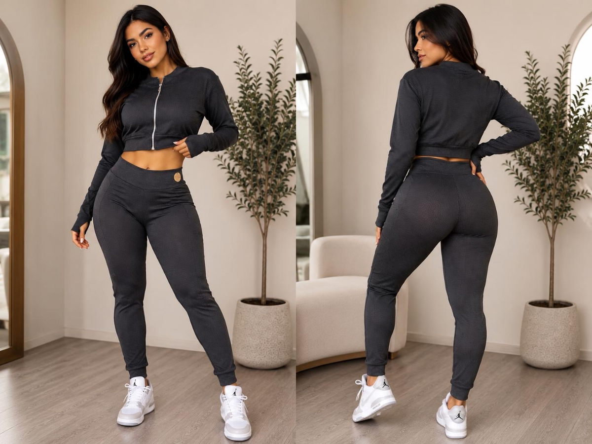 SET BLACK/MOCHA JACKET SEAMLESS ZIPPER L/S TOP PANT 