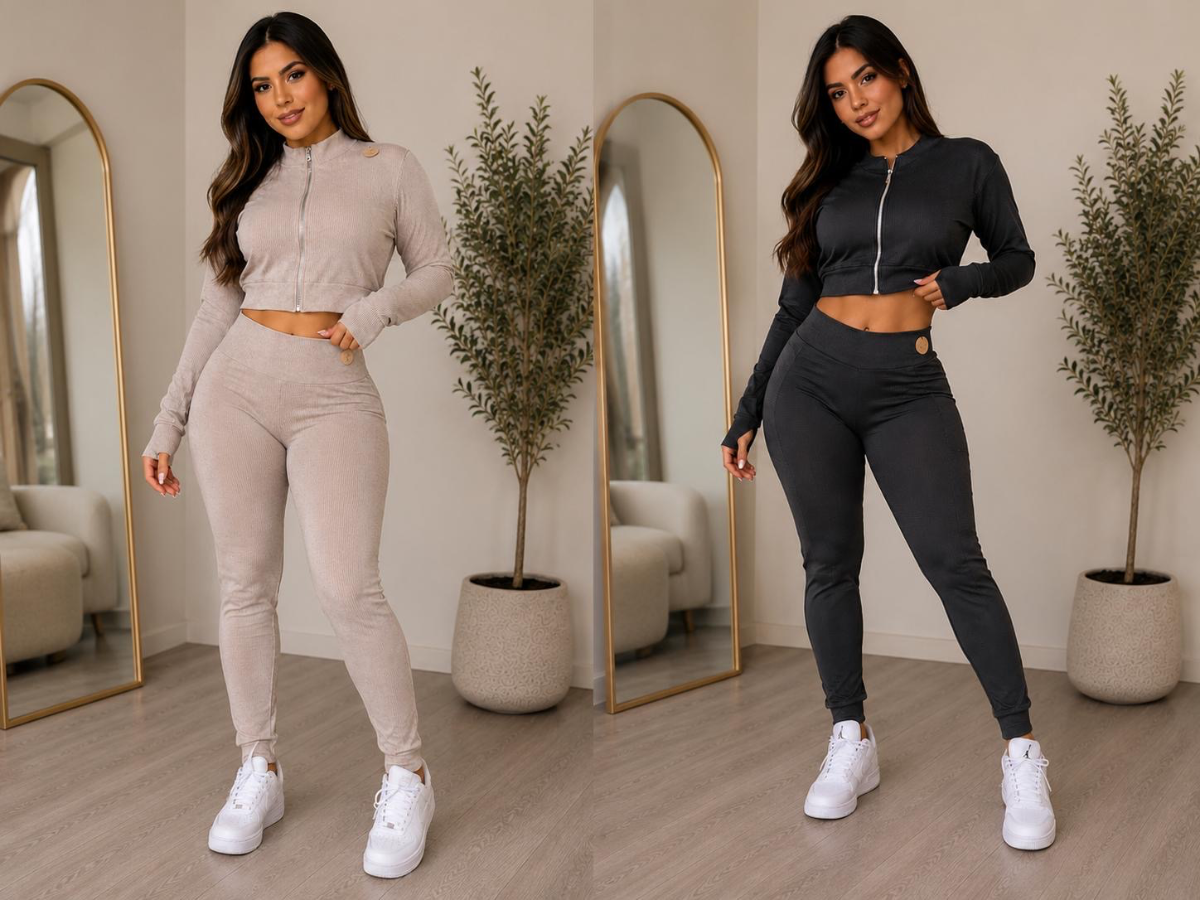 SET BLACK/MOCHA JACKET SEAMLESS ZIPPER L/S TOP PANT 