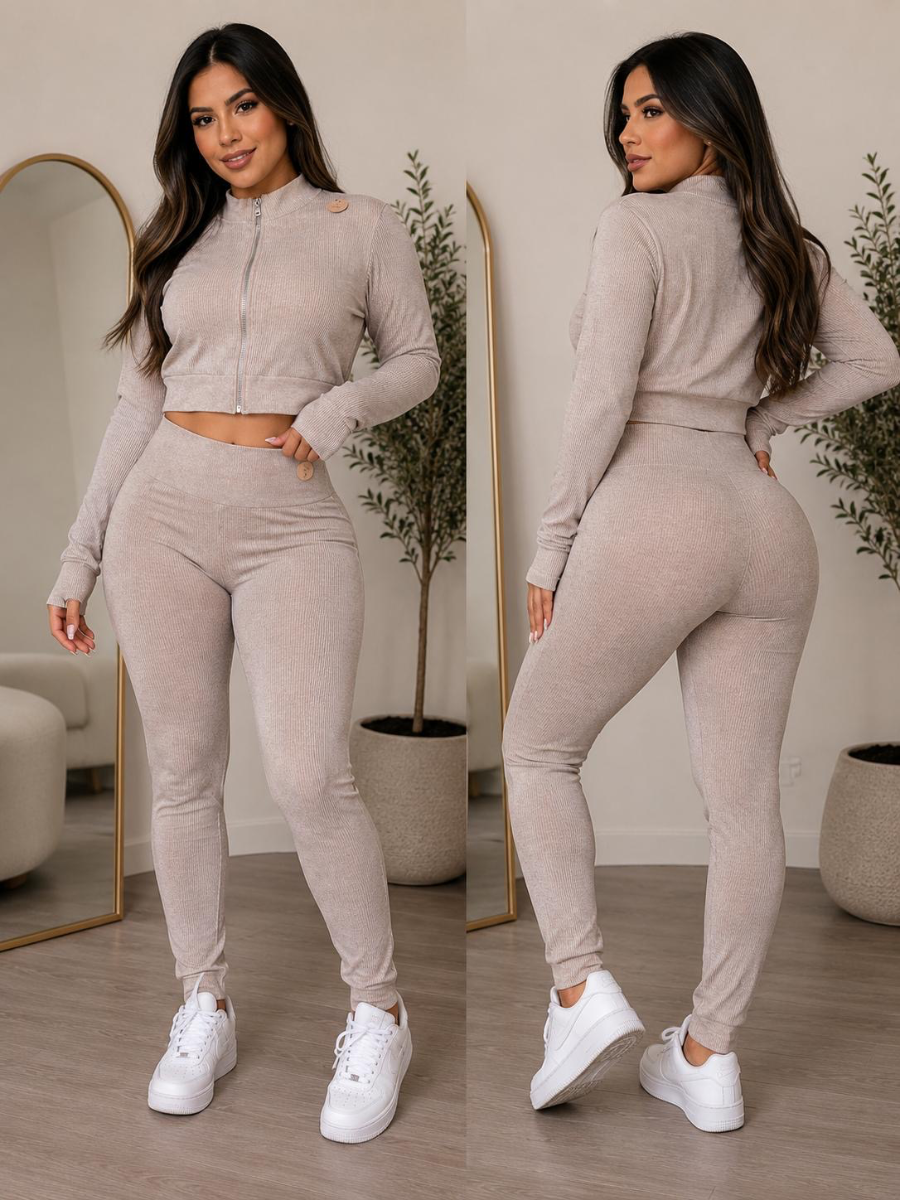 SET BLACK/MOCHA JACKET SEAMLESS ZIPPER L/S TOP PANT 
