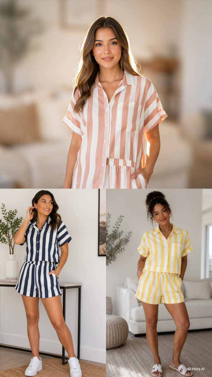 SET S/S SHIRT AND ELASTIC WAIST WIDE STRIPED LINES WHT/NAVY PINK/WHT WHT/YELLOW