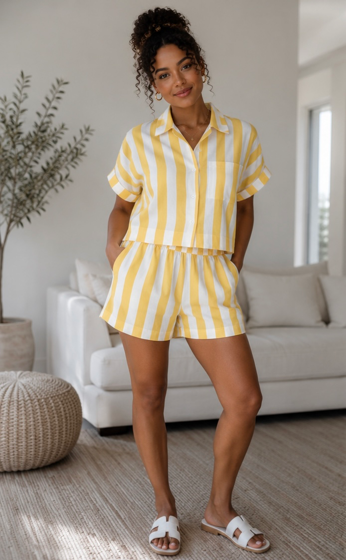SET S/S SHIRT AND ELASTIC WAIST WIDE STRIPED LINES WHT/NAVY PINK/WHT WHT/YELLOW