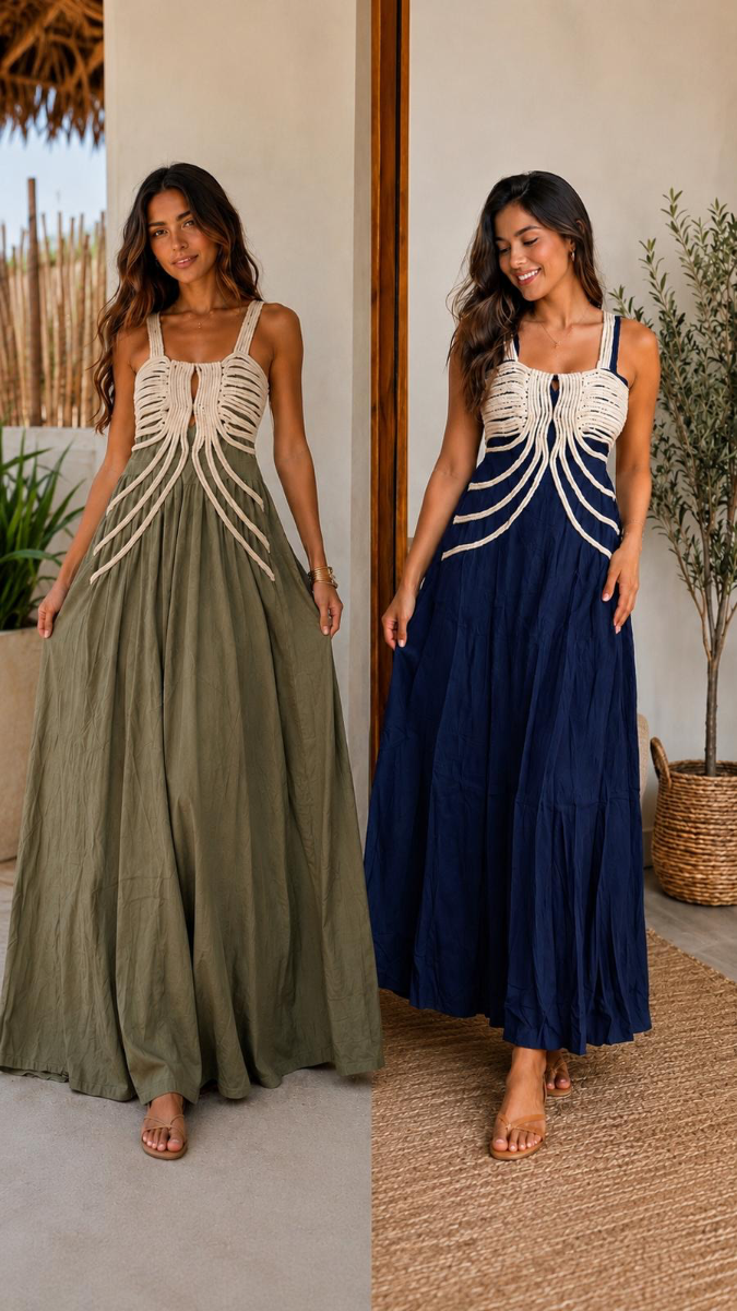 TRAJE LARGO EN AZUL MARINO/VERDE CON SOGA ARRIBA