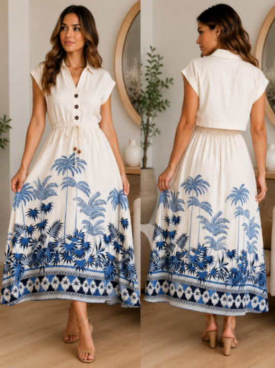 TRAJE LARGO BLANCO/AZUL CON PALMAS ABAJO