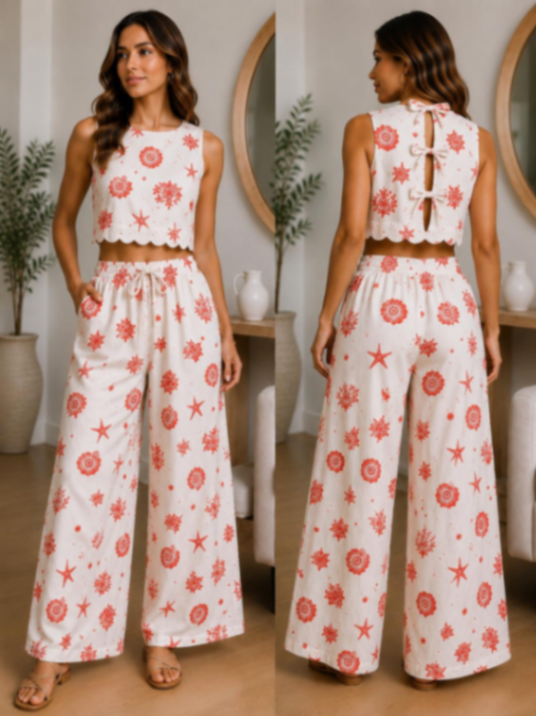 SET PANT Y BLUSA BLANCO/CORAL DE CARACOLES