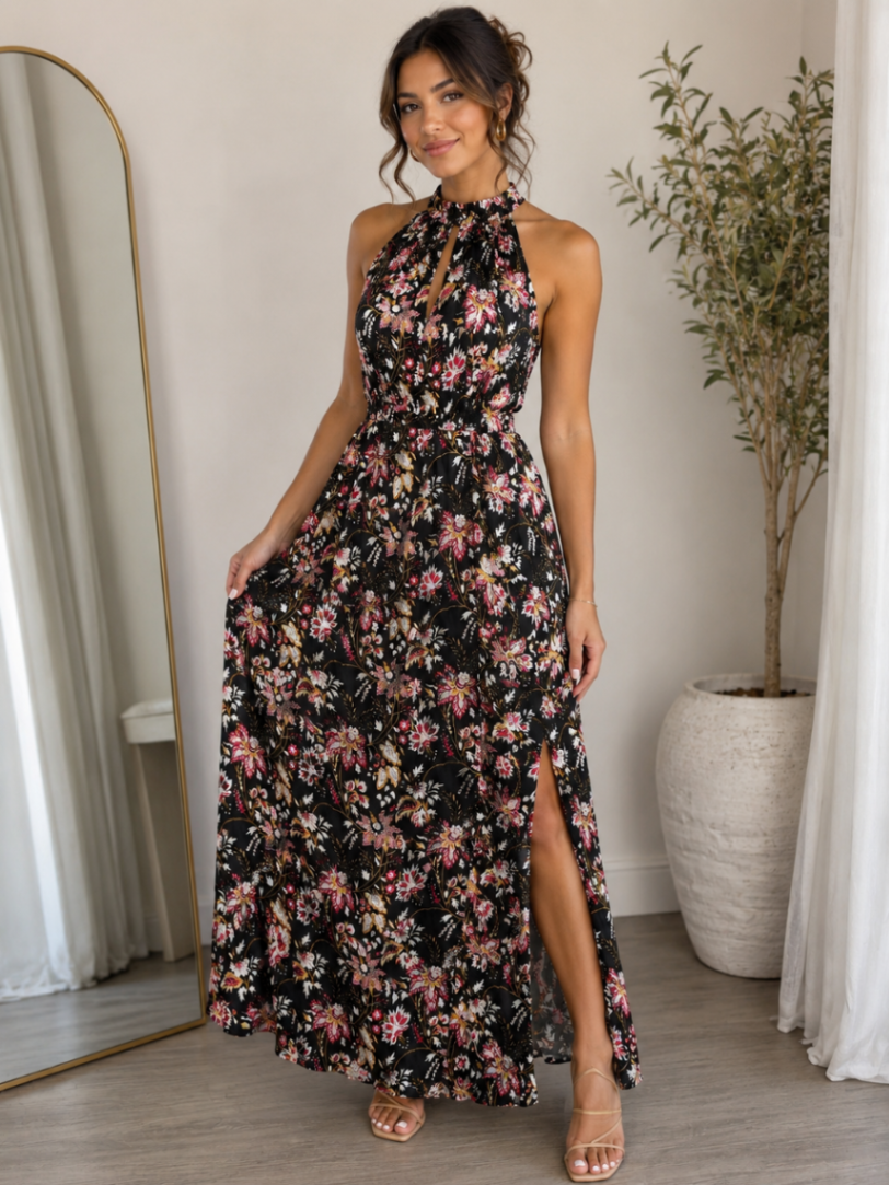 TRAJE NEGRO LARGO DE FLORES ALTER 