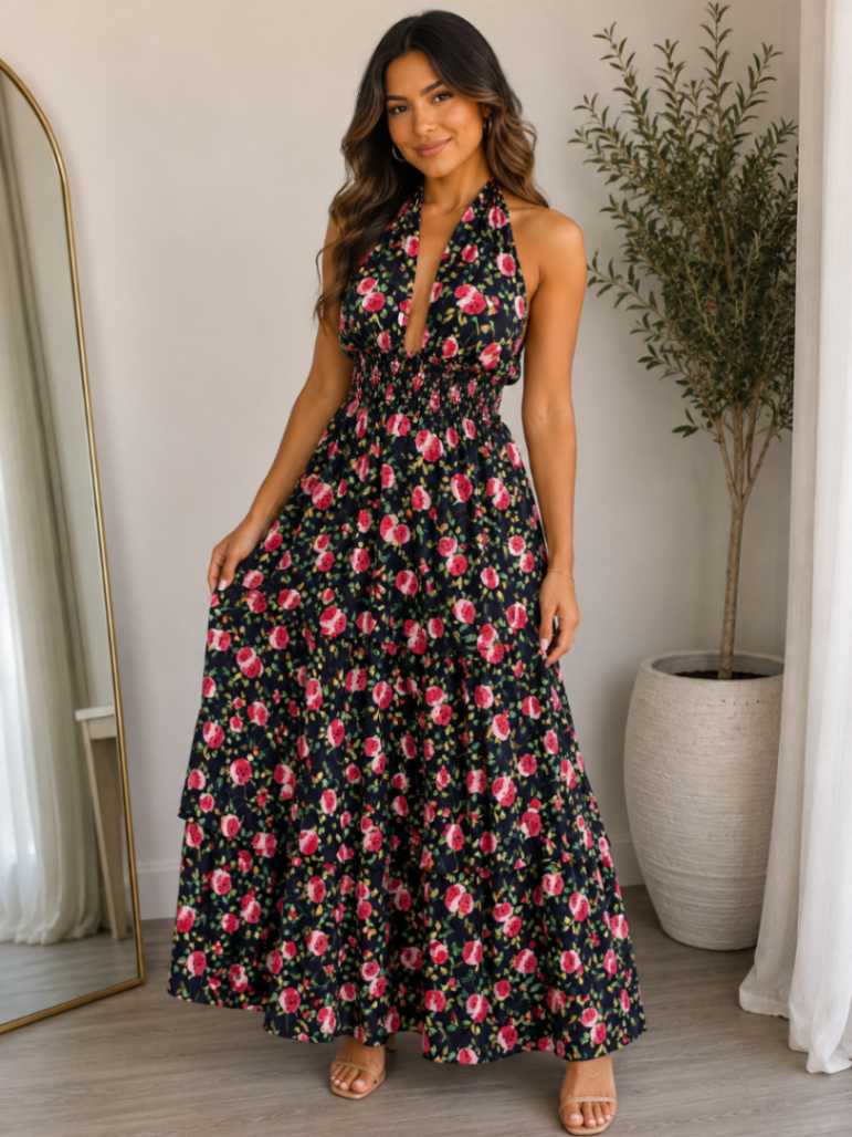 TRAJE LARGO PRINT ROSAS/VERDE