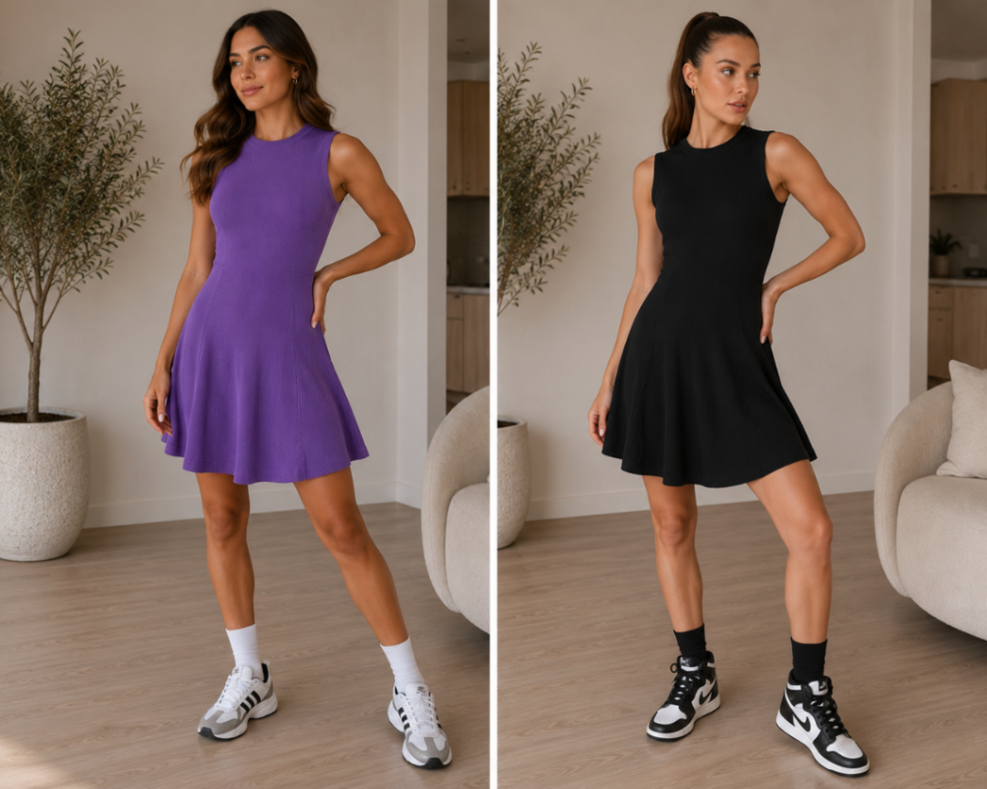 SLEEVELESS SWEATER MINI DRESS BLK/PURPLE