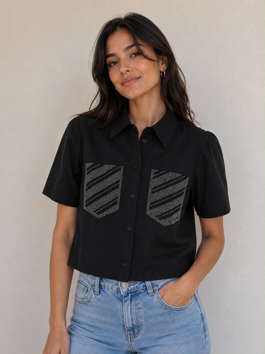 CROPTOP BLACK WHITE WITH RHINESTONE ON POCKETS