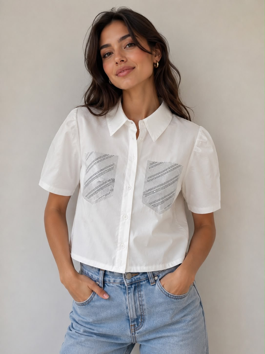 CROPTOP BLACK WHITE WITH RHINESTONE ON POCKETS