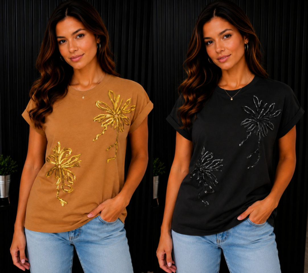 TSHIRT RHINESTONE BLK & BROWN W/FLOWER DETAIL IN SEQUIN