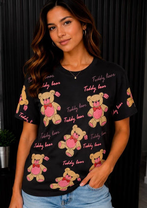 TSHIRT RHINESTONE ALL OVER BEARS BLACK