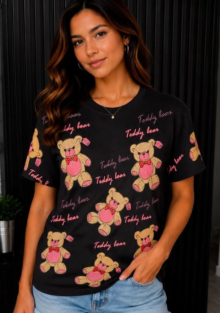 TSHIRT RHINESTONE ALL OVER BEARS BLACK
